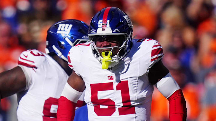 New York Giants linebacker Abdul Carter (51) reacts after a play against the Denver Broncos during the second half at Empower Field at Mile High. New York Giants linebacker Abdul Carter (51) reacts after a play against the Denver Broncos during the second half at Empower Field at Mile High.