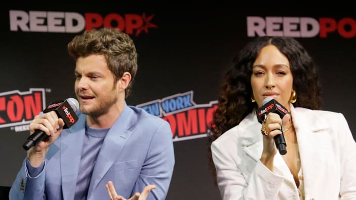 Jack Quaid (voice of Brad Boimler) and Tawny Newsome (voice of Beckett Mariner) at Star Trek Universe Panel at New York Comic Con