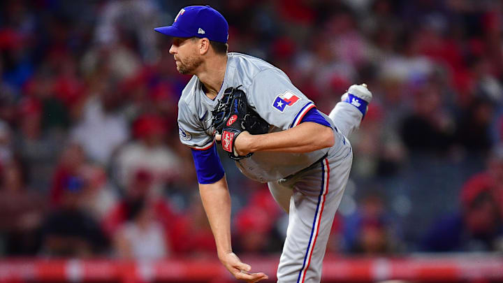 Sep 27, 2024; Anaheim, California, USA; Texas Rangers pitcher Jacob deGrom (48) throws against the Los Angeles Angels during the first inning at Angel Stadium.
