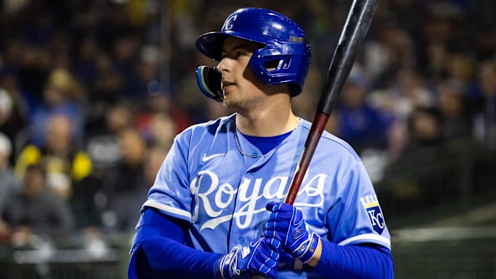 Mar 4, 2023; Surprise, Arizona, USA; Kansas City Royals outfielder Gavin Cross against the Los Angeles Dodgers during a spring training game at Surprise Stadium. Mandatory Credit: Mark J. Rebilas-Imagn Images Mar 4, 2023; Surprise, Arizona, USA; Kansas City Royals outfielder Gavin Cross against the Los Angeles Dodgers during a spring training game at Surprise Stadium. Mandatory Credit: Mark J. Rebilas-Imagn Images