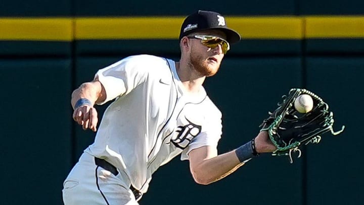 Detroit Tigers center fielder Parker Meadows (22) catches a fly out against Cleveland Guardians during the eighth inning at Game 3 of ALDS at Comerica Park in Detroit on Wednesday, Oct. 9, 2024