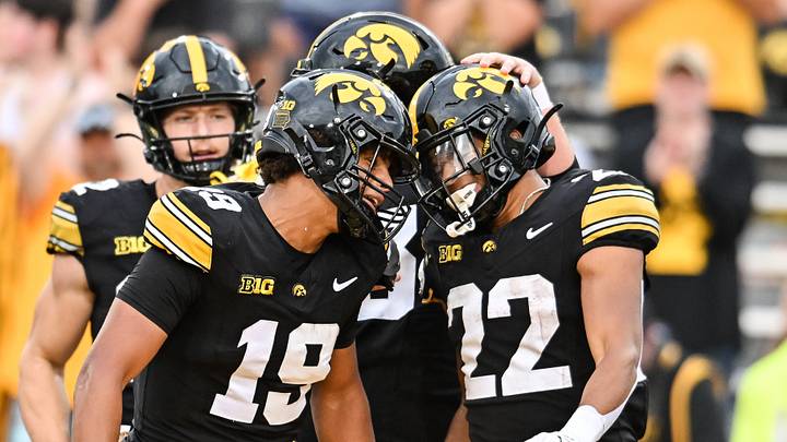 Sep 19, 2026; Iowa City, Iowa, USA; Iowa Hawkeyes running back Braeden Jackson (22) and tight end Mason Woods (19) react after a touchdown by Jackson against the UNI Panthers during the fourth quarter at Kinnick Stadium. Mandatory Credit: Jeffrey Becker-Imagn Images Sep 19, 2026; Iowa City, Iowa, USA; Iowa Hawkeyes running back Braeden Jackson (22) and tight end Mason Woods (19) react after a touchdown by Jackson against the UNI Panthers during the fourth quarter at Kinnick Stadium. Mandatory Credit: Jeffrey Becker-Imagn Images
