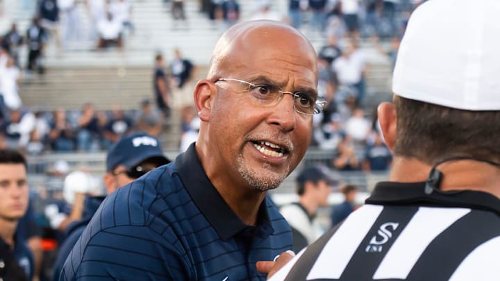 Penn State head coach James Franklin argues a penalty call at the end of an NCAA football game against Nevada, Saturday, August 30, 2025, in State College, Pa. Penn State head coach James Franklin argues a penalty call at the end of an NCAA football game against Nevada, Saturday, August 30, 2025, in State College, Pa.