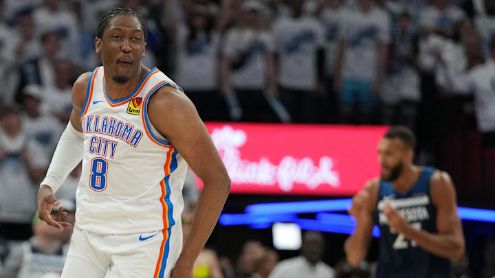 May 26, 2025; Minneapolis, Minnesota, USA; Oklahoma City Thunder forward Jalen Williams (8) reacts against the Minnesota Timberwolves in the second half during game four of the western conference finals for the 2025 NBA Playoffs at Target Center. Mandatory Credit: Jesse Johnson-Imagn Images May 26, 2025; Minneapolis, Minnesota, USA; Oklahoma City Thunder forward Jalen Williams (8) reacts against the Minnesota Timberwolves in the second half during game four of the western conference finals for the 2025 NBA Playoffs at Target Center. Mandatory Credit: Jesse Johnson-Imagn Images
