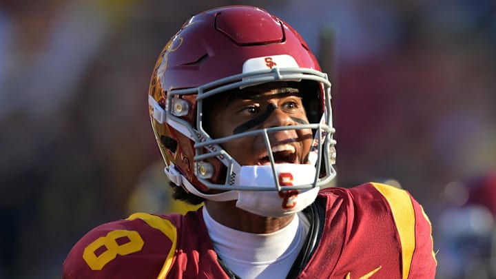 Oct 11, 2025; Los Angeles, California, USA;  USC Trojans wide receiver Ja'Kobi Lane (8) celebrates after a touchdown in the first half against the Michigan Wolverines at United Airlines Field at the Los Angeles Memorial Coliseum. Mandatory Credit: Jayne Kamin-Oncea-Imagn Images