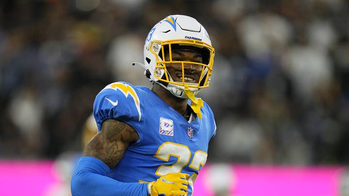 Oct 4, 2021; Inglewood, California, USA; Los Angeles Chargers free safety Derwin James (33) reacts during the first half against the Las Vegas Raiders at SoFi Stadium. Mandatory Credit: Robert Hanashiro-Imagn Images