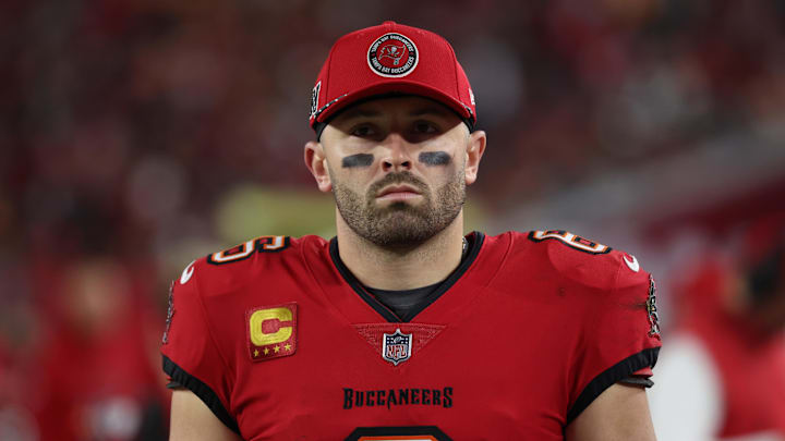 Tampa Bay Buccaneers quarterback Baker Mayfield during the second quarter of a NFC wild card playoff against the Washington Commanders.