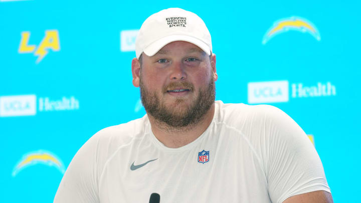 Jul 25, 2025; El Segundo, CA, USA; Los Angeles Chargers  center Bradley Bozeman during training camp press conference at The Bolt. Mandatory Credit: Kirby Lee-Imagn Images