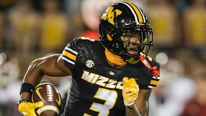 Nov 9, 2024; Columbia, Missouri, USA; Missouri Tigers wide receiver Luther Burden III (3) runs with the ball during the first half against the Oklahoma Sooners at Faurot Field at Memorial Stadium. Mandatory Credit: Jay Biggerstaff-Imagn Images