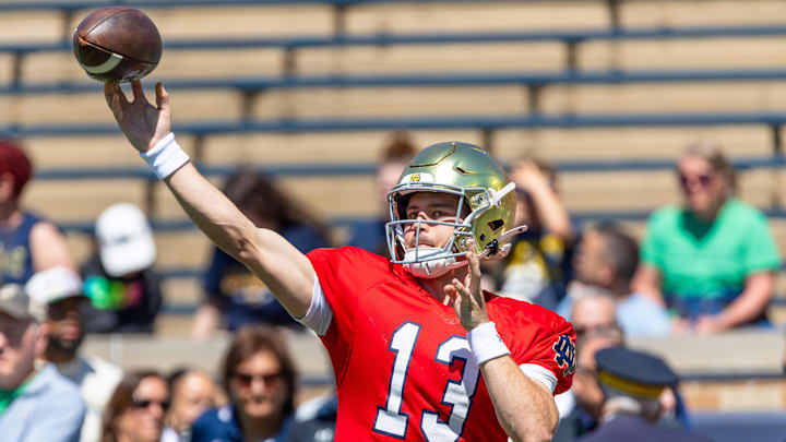 Notre Dame quarterback CJ Carr warms up before the Blue-Gold Game.