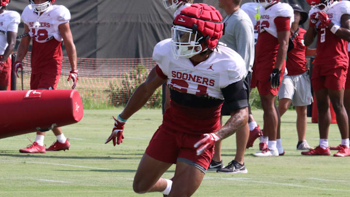 Oklahoma defensive back Jeremiah Newcombe works through a drill at one of the Sooners' practices.