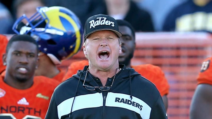 Jan 26, 2019; Mobile, AL, United States; North head coach Jon Gruden of the Oakland Raiders yell to his players with North running back Karan Higdon of Michigan (22) beside him in the second half against the South at the Senior Bowl at Ladd-Peebles Stadium. Mandatory Credit: Chuck Cook-Imagn Images