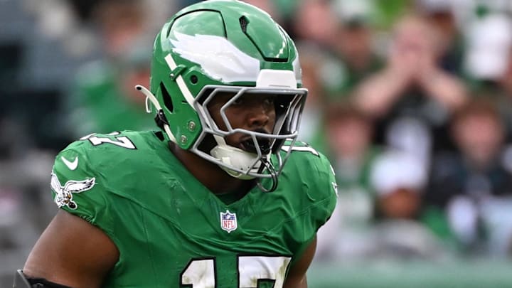 Oct 26, 2025; Philadelphia, Pennsylvania, USA; Philadelphia Eagles linebacker Nakobe Dean (17) against the New York Giants at Lincoln Financial Field.