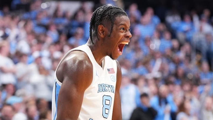 Jan 21, 2026; Chapel Hill, North Carolina, USA; North Carolina Tar Heels forward Caleb Wilson (8) reacts in the second half at Dean E. Smith Center. Mandatory Credit: Bob Donnan-Imagn Images