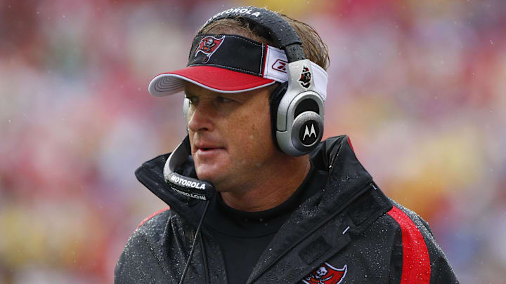 November 30, 2008; Tampa, FL, USA; Tampa Bay Buccaneers head coach Jon Gruden against the New Orleans Saints during the first half at Raymond James Stadium. Mandatory Credit: Kim Klement-Imagn Images