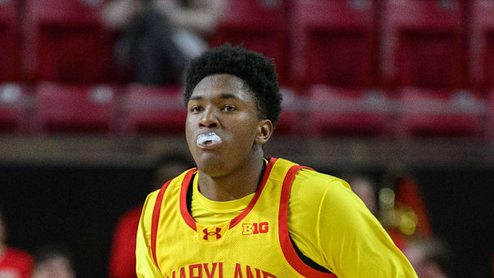 Dec 17, 2024; College Park, Maryland, USA; Maryland Terrapins center Derik Queen (25) handles the ball during the second half against the St. Francis (Pa) Red Flash at Xfinity Center. Mandatory Credit: Reggie Hildred-Imagn Images