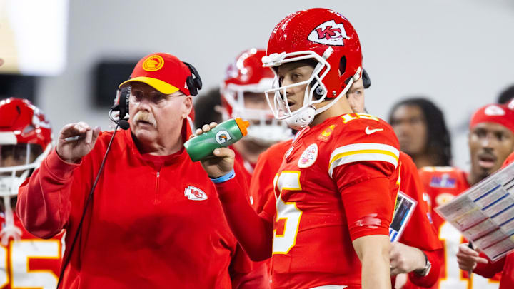 Andy Reid (left) and the Chiefs will have to bolster their offensive line to protect Patrick Mahomes.