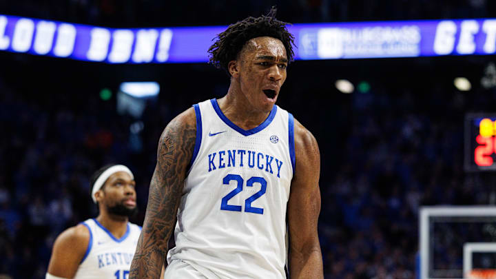 Mar 1, 2025; Lexington, Kentucky, USA; Kentucky Wildcats center Amari Williams (22) celebrates during the first half against the Auburn Tigers at Rupp Arena at Central Bank Center. Mandatory Credit: Jordan Prather-Imagn Images Mar 1, 2025; Lexington, Kentucky, USA; Kentucky Wildcats center Amari Williams (22) celebrates during the first half against the Auburn Tigers at Rupp Arena at Central Bank Center. Mandatory Credit: Jordan Prather-Imagn Images