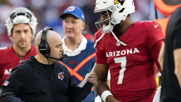 Former Arizona Cardinals offensive coordinator Drew Petzing with quarterback Jacoby Brissett (7) 