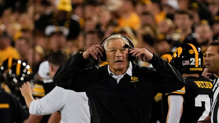 Iowa Hawkeyes head coach Kirk Ferentz is pictured during a college football game against the Penn State Nittany Lions Oct. 18, 2025 at Kinnick Stadium in Iowa City, Iowa.
