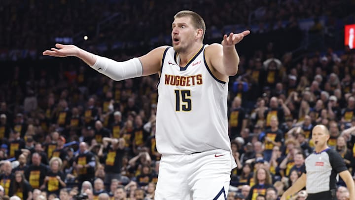May 5, 2025; Oklahoma City, Oklahoma, USA; Denver Nuggets center Nikola Jokic (15) reacts after a play against the Oklahoma City Thunder during the second half in game one of the second round for the 2025 NBA Playoffs at Paycom Center. Mandatory Credit: Alonzo Adams-Imagn Images