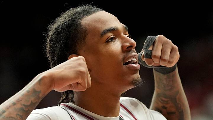Mar 7, 2026; Tuscaloosa, AL, USA; Alabama guard Labaron Philon Jr. (0) flexes during a time out of the game with Auburn at Coleman Coliseum. Alabama defeated Auburn 96-84. Mandatory Credit: Gary Cosby Jr.-Tuscaloosa News Mar 7, 2026; Tuscaloosa, AL, USA; Alabama guard Labaron Philon Jr. (0) flexes during a time out of the game with Auburn at Coleman Coliseum. Alabama defeated Auburn 96-84. Mandatory Credit: Gary Cosby Jr.-Tuscaloosa News