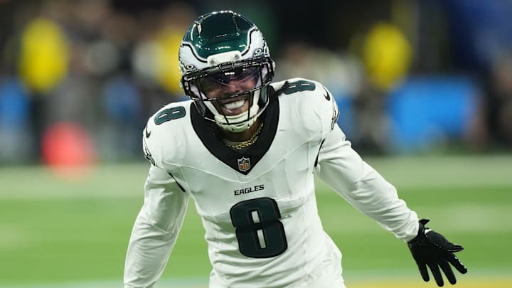 Dec 8, 2025; Inglewood, California, USA; Philadelphia Eagles cornerback Adoree' Jackson (8) reacts against the Los Angeles Chargers in the first half at SoFi Stadium. Mandatory Credit: Kirby Lee-Imagn Images