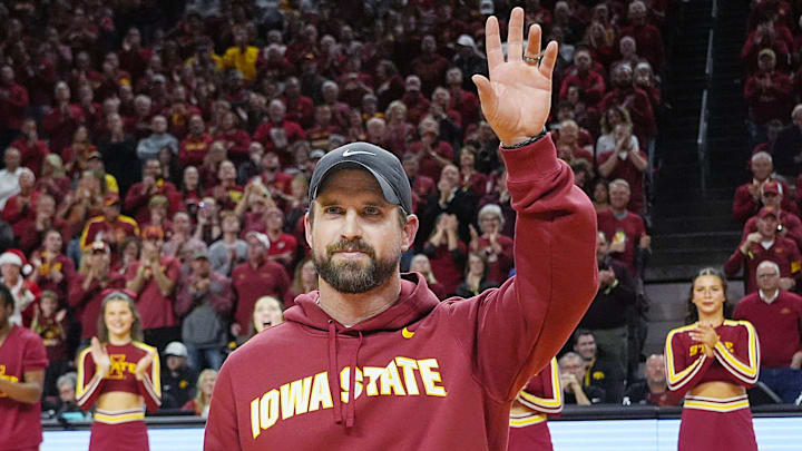 Iowa State football coach Jimmy Rogers speaks during a timeout in the first half in the Iowa State and Iowa men’s basketball Cy-Hawk series at Hilton coliseum on Dec. 11, 2025, in Ames, Iowa.