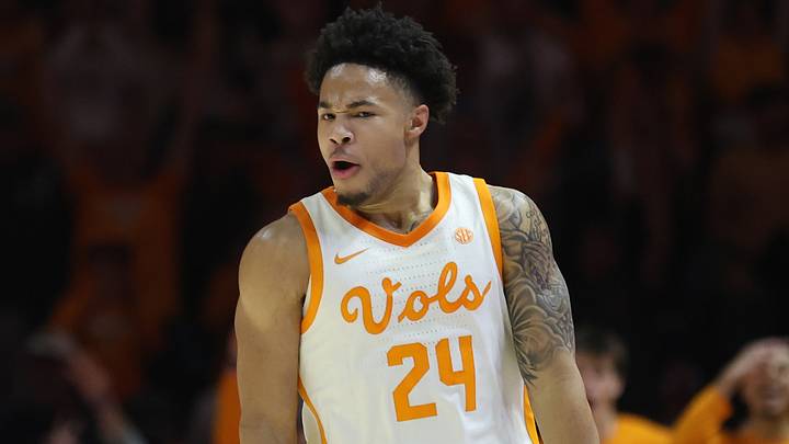 Jan 13, 2026; Knoxville, Tennessee, USA; Tennessee Volunteers guard Troy Henderson (24) reacts after a play against the Texas A&M Aggies during overtime at Thompson-Boling Arena at Food City Center. Mandatory Credit: Randy Sartin-Imagn Images Jan 13, 2026; Knoxville, Tennessee, USA; Tennessee Volunteers guard Troy Henderson (24) reacts after a play against the Texas A&M Aggies during overtime at Thompson-Boling Arena at Food City Center. Mandatory Credit: Randy Sartin-Imagn Images