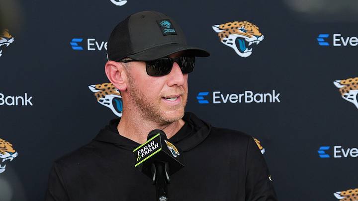 Jacksonville Jaguars Head Coach Liam Coen answers questions after the Jacksonville Jaguars eighth day of NFL Training Camp at the Miller Electric Center in Jacksonville, Fla., Friday, August 7, 2026.    [Doug Engle/Florida Times-Union]