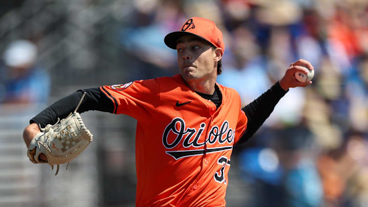 Mar 13, 2025; Dunedin, Florida, USA; Baltimore Orioles pitcher Cade Povich (37) throws a pitch against the Toronto Blue Jays in the first inning during spring training at TD Ballpark. 