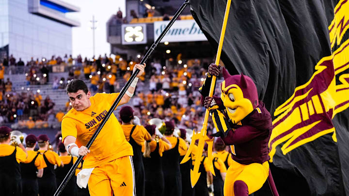 Aug 30, 2025; Tempe, Arizona, USA; Sparky the Sun Devil takes the field pregame between Arizona State Sun Devils and Northern Arizona Lumberjacks at Mountain America Stadium. Mandatory Credit: Arianna Grainey-Imagn Images