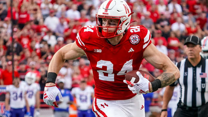 Sep 23, 2023; Lincoln, Nebraska, USA; Nebraska Cornhuskers tight end Thomas Fidone II runs with the ball for a touchdown against the Louisiana Tech Bulldogs during the fourth quarter at Memorial Stadium. Sep 23, 2023; Lincoln, Nebraska, USA; Nebraska Cornhuskers tight end Thomas Fidone II runs with the ball for a touchdown against the Louisiana Tech Bulldogs during the fourth quarter at Memorial Stadium.