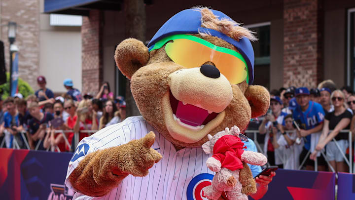Chicago Cubs mascot Clark the Cub on the red carpet before the 2025 MLB All Star Game at Truist Park.