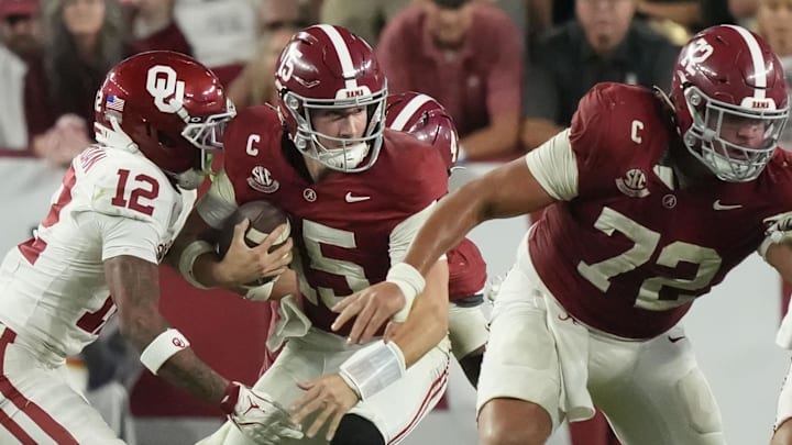 Nov 15, 2025; Tuscaloosa, Alabama, USA;  Oklahoma Sooners defensive back Devon Jordan (12) puts pressure on Alabama Crimson Tide quarterback Ty Simpson (15) at Saban Field at Bryant-Denny Stadium. Oklahoma defeated Alabama 23-21. Mandatory Credit: Gary Cosby Jr.-Imagn Images