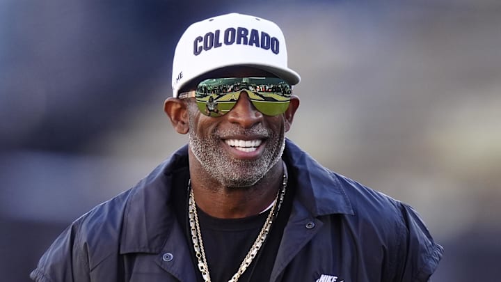 Nov 1, 2025; Boulder, Colorado, USA; Colorado Buffaloes head coach Deion Sanders before the game against the Arizona Wildcats at Folsom Field. Mandatory Credit: Ron Chenoy-Imagn Images