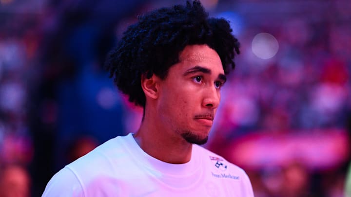 Former Philadelphia 76ers guard Jared McCain (20) looks on before the game against the Los Angeles Clippers at Wells Fargo Center. Former Philadelphia 76ers guard Jared McCain (20) looks on before the game against the Los Angeles Clippers at Wells Fargo Center.