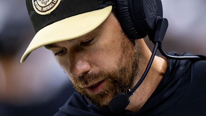 Aug 25, 2024; New Orleans, Louisiana, USA;  New Orleans Saints offensive coordinator Klint Kubiak pacing the sidelines against the Tennessee Titans during the first half at Caesars Superdome. Mandatory Credit: Stephen Lew-Imagn Images