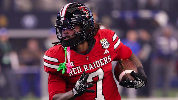 Texas Tech tight end Terrance Carter Jr. runs after a catch against BYU during the Big 12 Conference championship football game, Saturday, Dec. 6, 2025, at AT&T Stadium in Arlington.