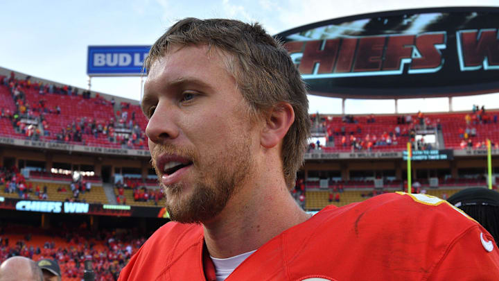 Nov 6, 2016; Kansas City, MO, USA; Kansas City Chiefs quarterback Nick Foles (4) leaves the field after the win over the Jacksonville Jaguars at Arrowhead Stadium. The Chiefs won 19-14. Mandatory Credit: Denny Medley-Imagn Images