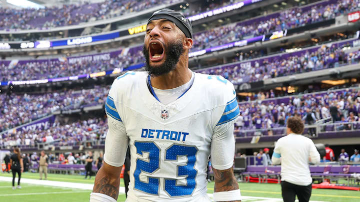 Detroit Lions cornerback Carlton Davis III (23) celebrates his teams win after the game against the Minnesota Vikings Detroit Lions cornerback Carlton Davis III (23) celebrates his teams win after the game against the Minnesota Vikings