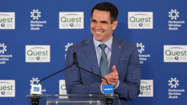 Jan 20, 2026; East Rutherford, NJ, USA; New York Giants general manager Joe Schoen introduces John Harbaugh (not pictured) as the next New York Giants head coach at Quest Diagnostics Training Center. Mandatory Credit: Ed Mulholland-Imagn Images