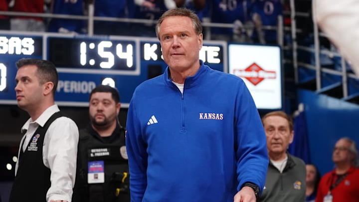 Kansas Jayhawks head coach Bill Self enters the court before the Sunflower Showdown game inside Allen Fieldhouse in Lawrence, Kansas, on Saturday, March 7, 2026.