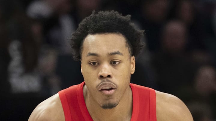 Toronto Raptors forward Scottie Barnes dribbles the ball against the Minnesota Timberwolves.