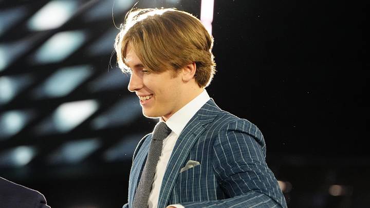 Jun 28, 2024; Las Vegas, Nevada, USA; Liam Greentree is selected by the Los Angeles Kings with the 26th overall pick in the first round of the 2024 NHL Draft at The Sphere. Mandatory Credit: Stephen R. Sylvanie-Imagn Images
