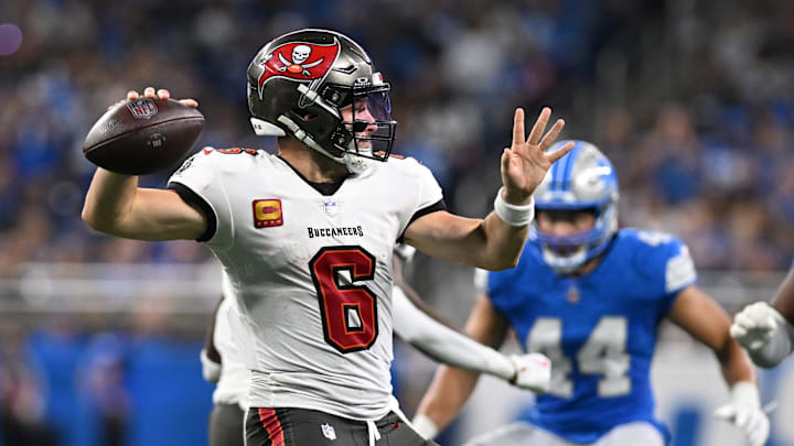 Sep 15, 2024; Detroit, Michigan, USA; Tampa Bay Buccaneers quarterback Baker Mayfield (6) throws a pass against the Detroit Lions in the fourth quarter at Ford Field. Mandatory Credit: Lon Horwedel-Imagn Images