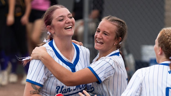 Van Meter players celebrate after defeating East Marshall during the 2025 Iowa high school state softball tournament at Harlan Rogers Sports Complex on July 22, 2025, in Fort Dodge.