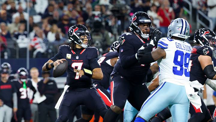 Nov 18, 2024; Arlington, Texas, USA; Houston Texans quarterback C.J. Stroud (7) throws during the first quarter against the Dallas Cowboys at AT&T Stadium. Mandatory Credit: Kevin Jairaj-Imagn Images Nov 18, 2024; Arlington, Texas, USA; Houston Texans quarterback C.J. Stroud (7) throws during the first quarter against the Dallas Cowboys at AT&T Stadium. Mandatory Credit: Kevin Jairaj-Imagn Images