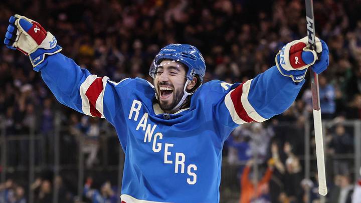 Dec 13, 2025; New York, New York, USA;  New York Rangers center Mika Zibanejad (93) celebrates after defeating the Montréal Canadiens 5-4 in overtime at Madison Square Garden. Mandatory Credit: Wendell Cruz-Imagn Images