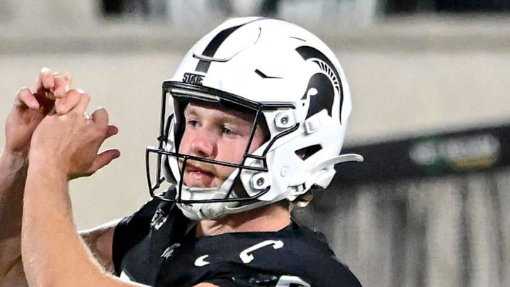 Michigan State's Ryan Eckley mimics a golf swing after a deep punt against Boston College during the fourth quarter on Saturday, Sept. 6, 2025, at Spartan Stadium in East Lansing. Michigan State's Ryan Eckley mimics a golf swing after a deep punt against Boston College during the fourth quarter on Saturday, Sept. 6, 2025, at Spartan Stadium in East Lansing.